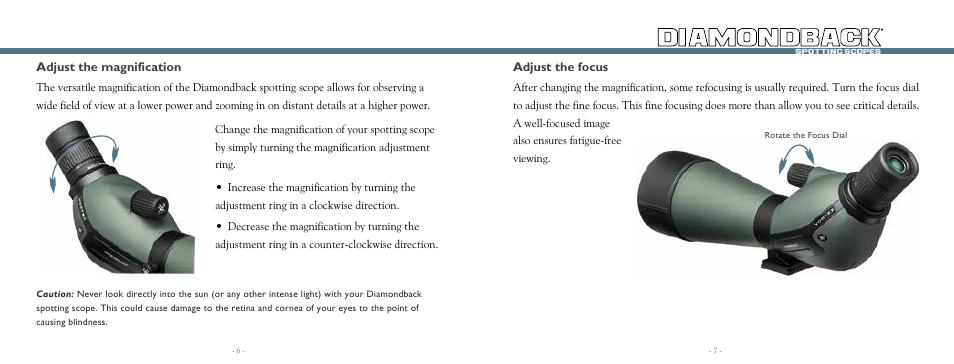 Adjust the magnification, Adjust the focus | Vortex Optics DIAMONDBACK 20-60X80 SPOTTING SCOPE User Manual | Page 4 / 7