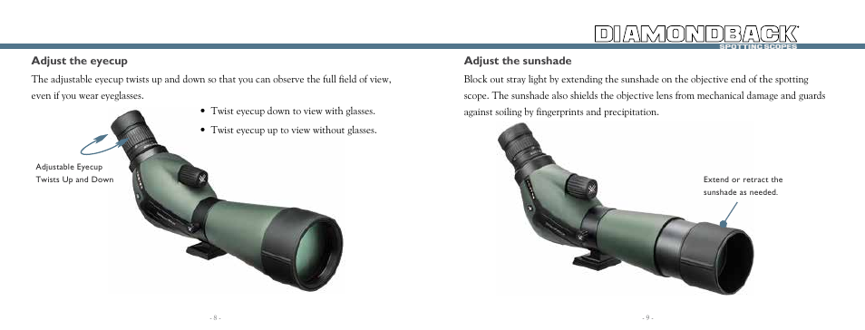 Adjust the sunshade, Adjust the eyecup | Vortex Optics DIAMONDBACK 20-60X80 SPOTTING SCOPE User Manual | Page 5 / 7