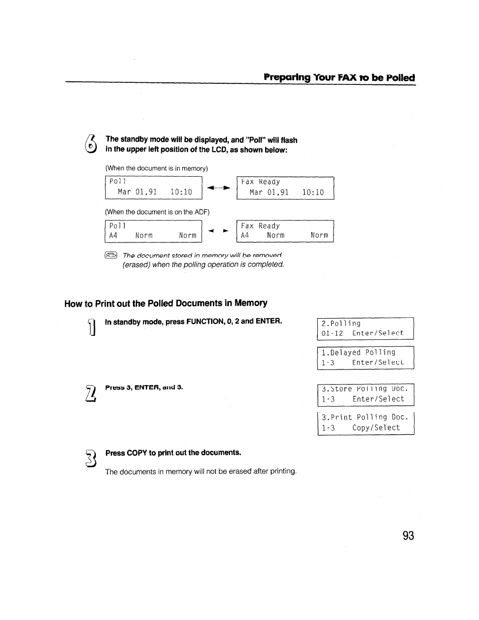 How to print out the poued documents in memory, In standby mode, press function, 0, 2 and enter, Press copy to print out the documents | How to print out polled documents in memory | Brother FAX-2000P User Manual | Page 105 / 162