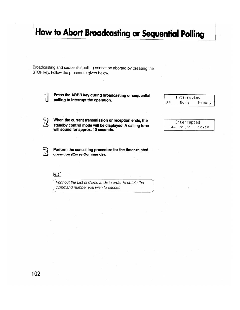 How to abort broadcasting or sequential polling | Brother FAX-2000P User Manual | Page 114 / 162