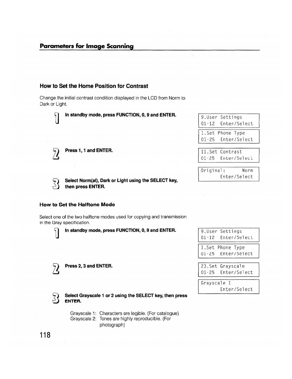 How to set the home position for contrast, In standby mode, press function, 0, 9 and enter, Press 1,1 and enter | How to set the halftone mode, Press2,sand enter, Howto set the home position for contrast, Parameters for image scanning | Brother FAX-2000P User Manual | Page 130 / 162
