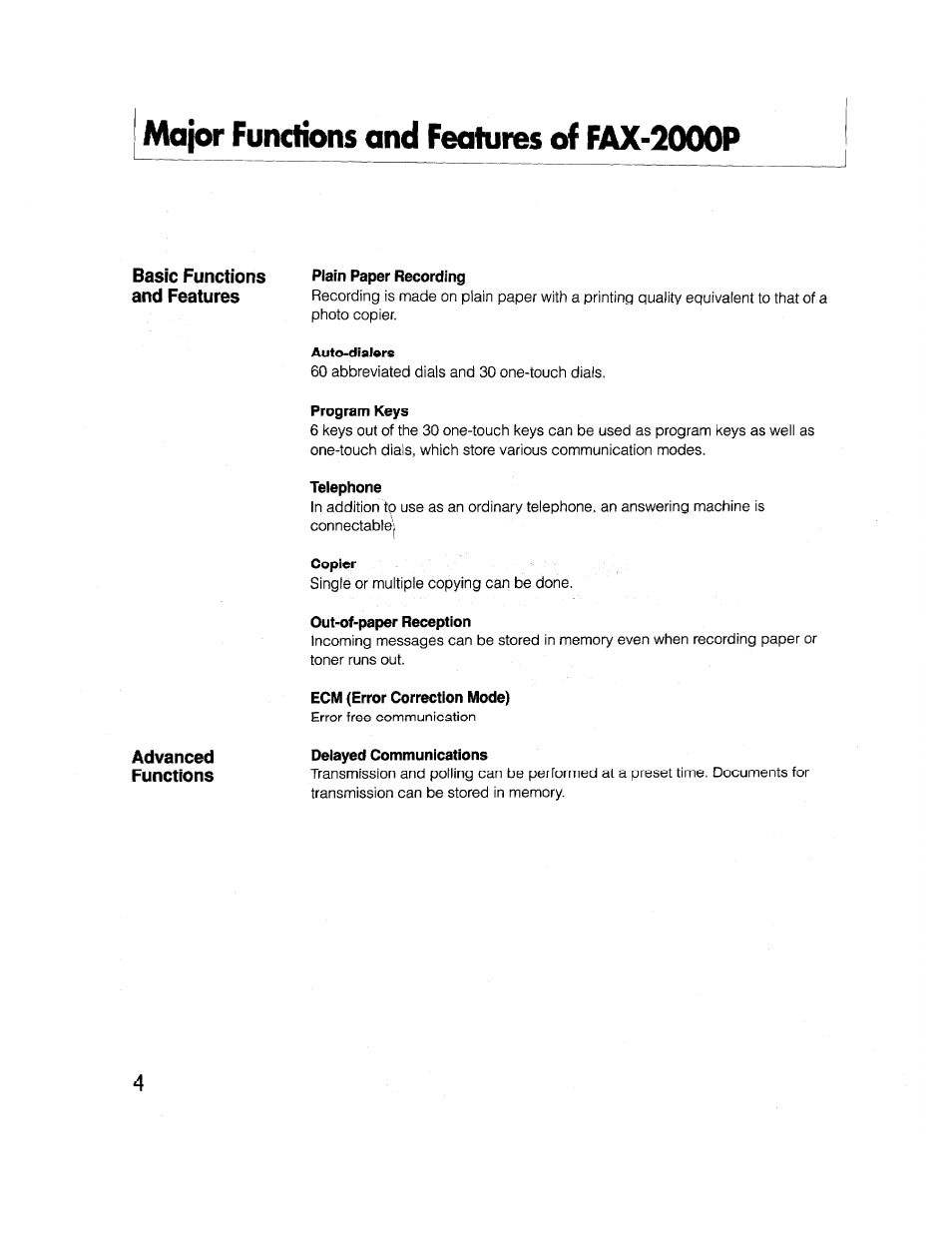 Major functions and features of fax-2000p, Plain paper recording, Program keys | Telephone, Copier, Out-of-paper reception, Ecm (error correction mode), Delayed communications | Brother FAX-2000P User Manual | Page 16 / 162
