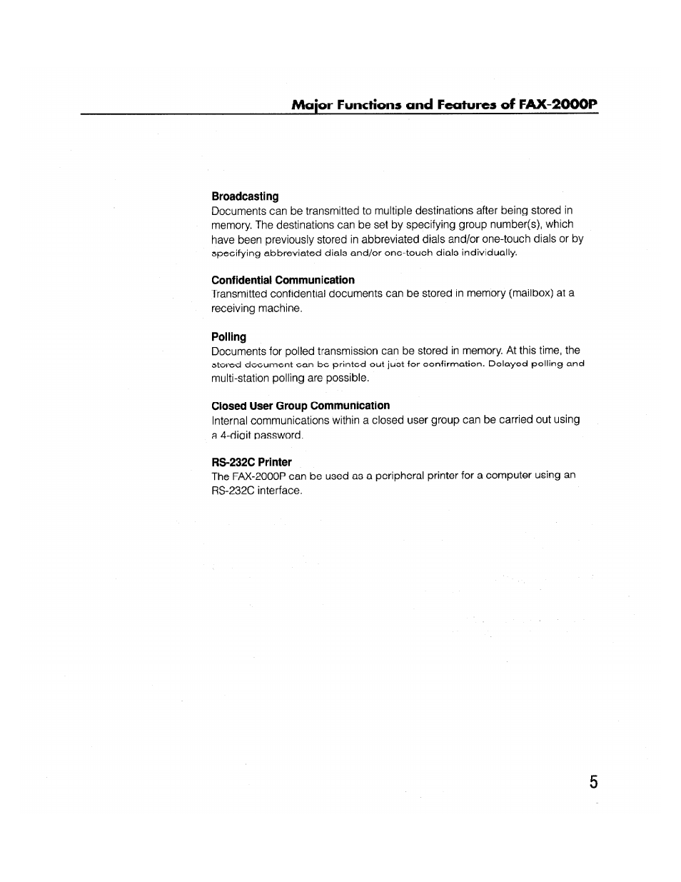 Major funcrions and features of fax-2000p, Broadcasting, Confidential communication | Poiiing, Closed user group communication, Rs-232c printer | Brother FAX-2000P User Manual | Page 17 / 162