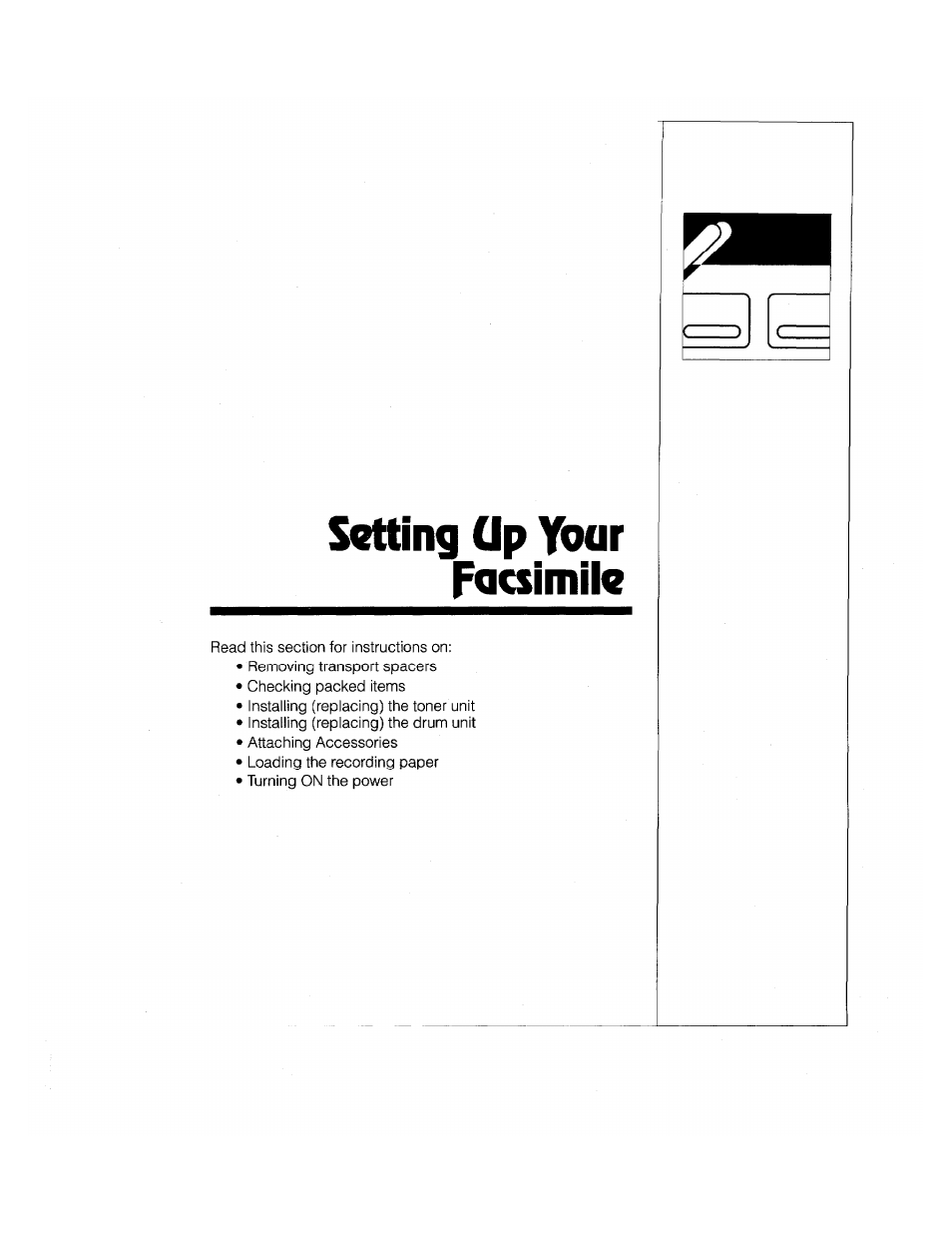 Setting cip ytmir facsimile, Setting up your facsimile | Brother FAX-2000P User Manual | Page 21 / 162