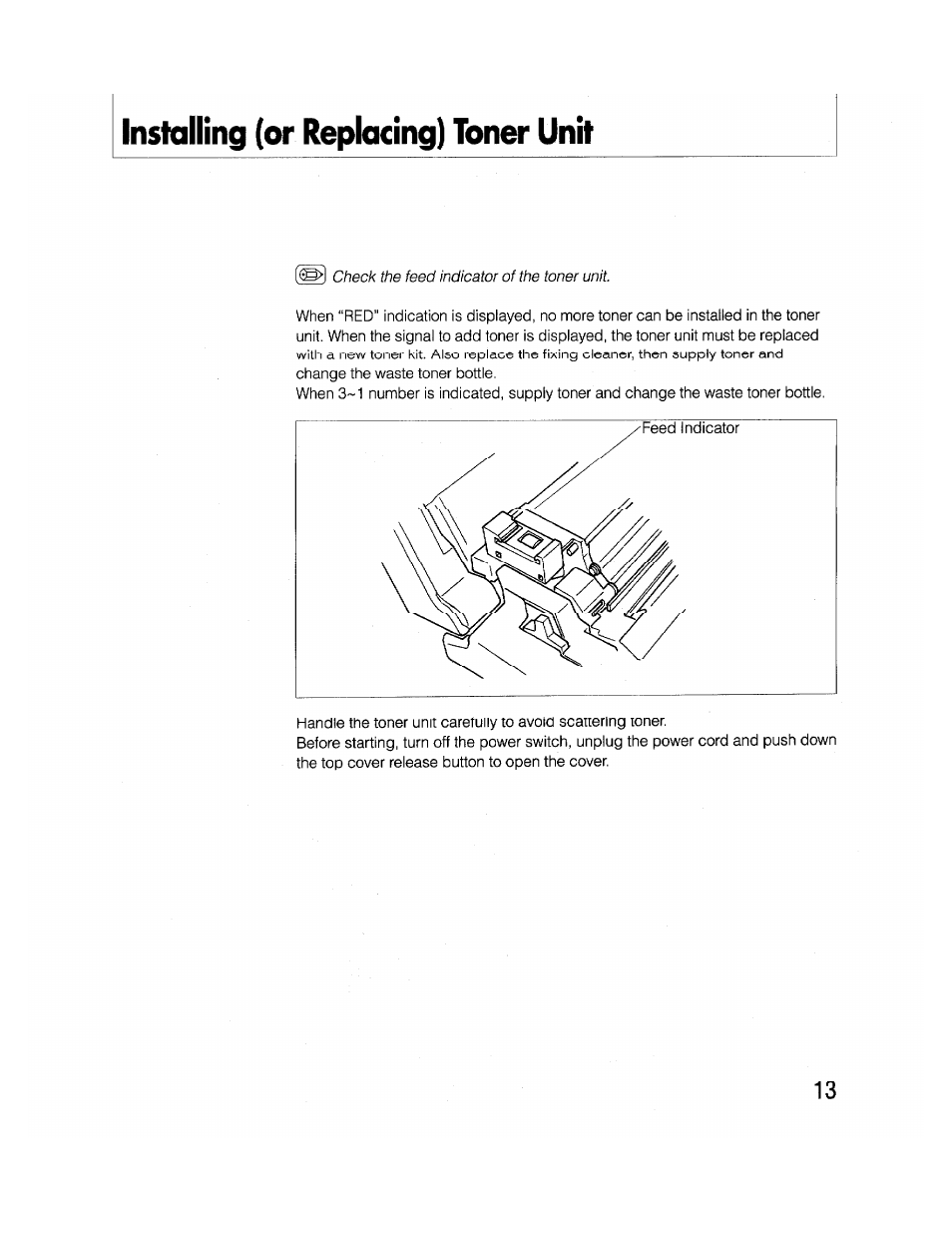 Installing (or replacing) toner unit, Installing {or replacing) toner unit | Brother FAX-2000P User Manual | Page 25 / 162