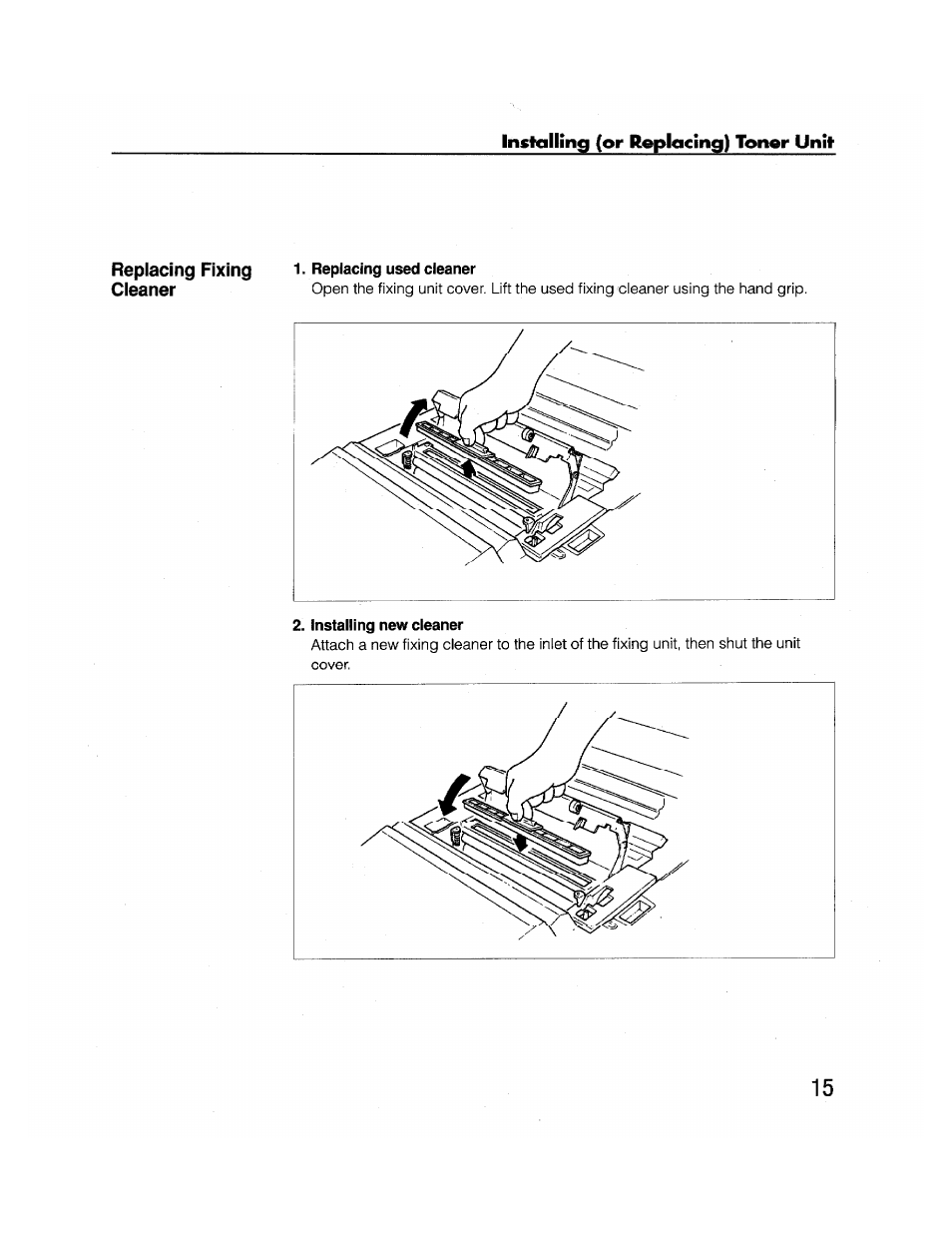 Replacing used cleaner, Installing new cleaner | Brother FAX-2000P User Manual | Page 27 / 162