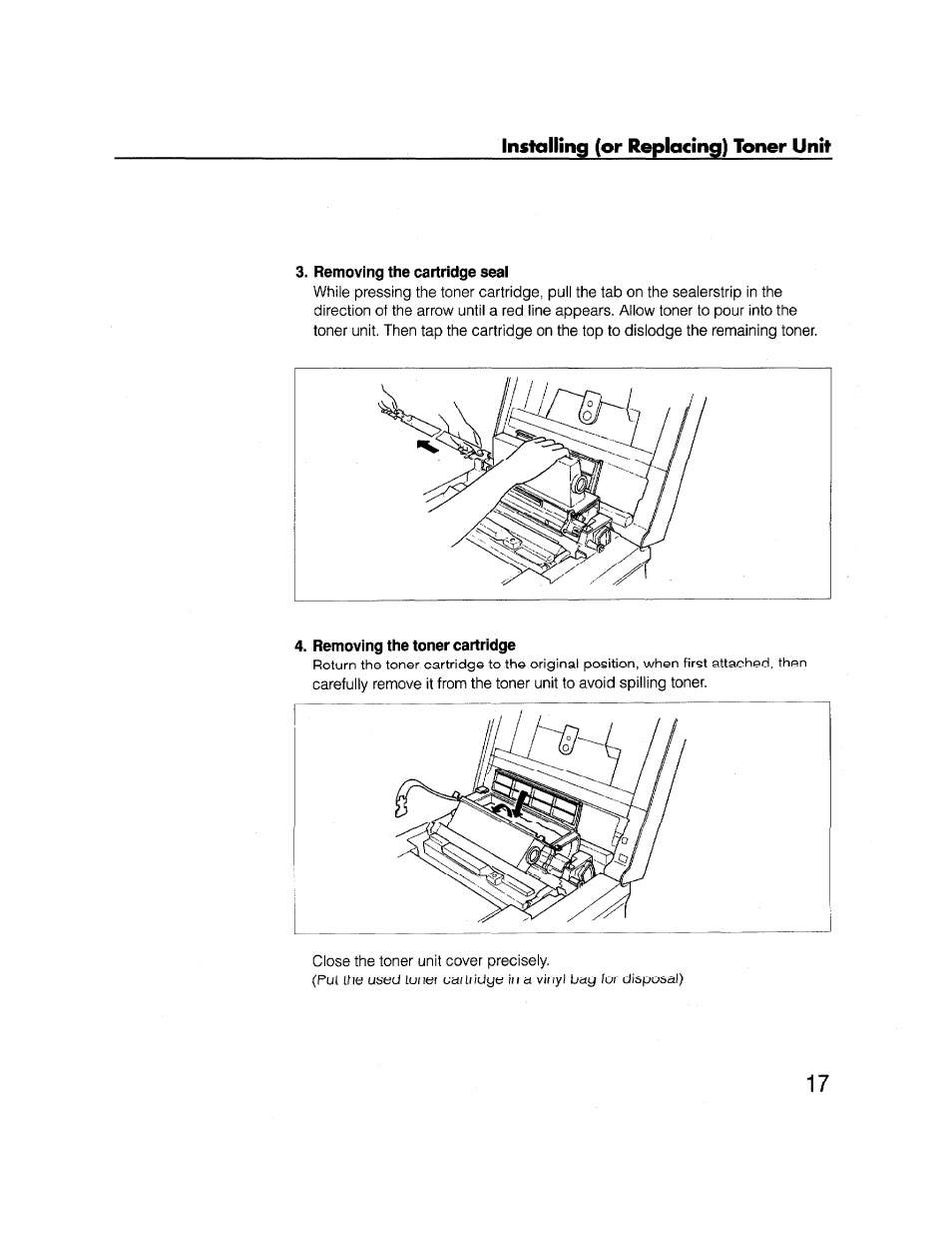 Removing the cartridge seal, Removing the toner cartridge | Brother FAX-2000P User Manual | Page 29 / 162
