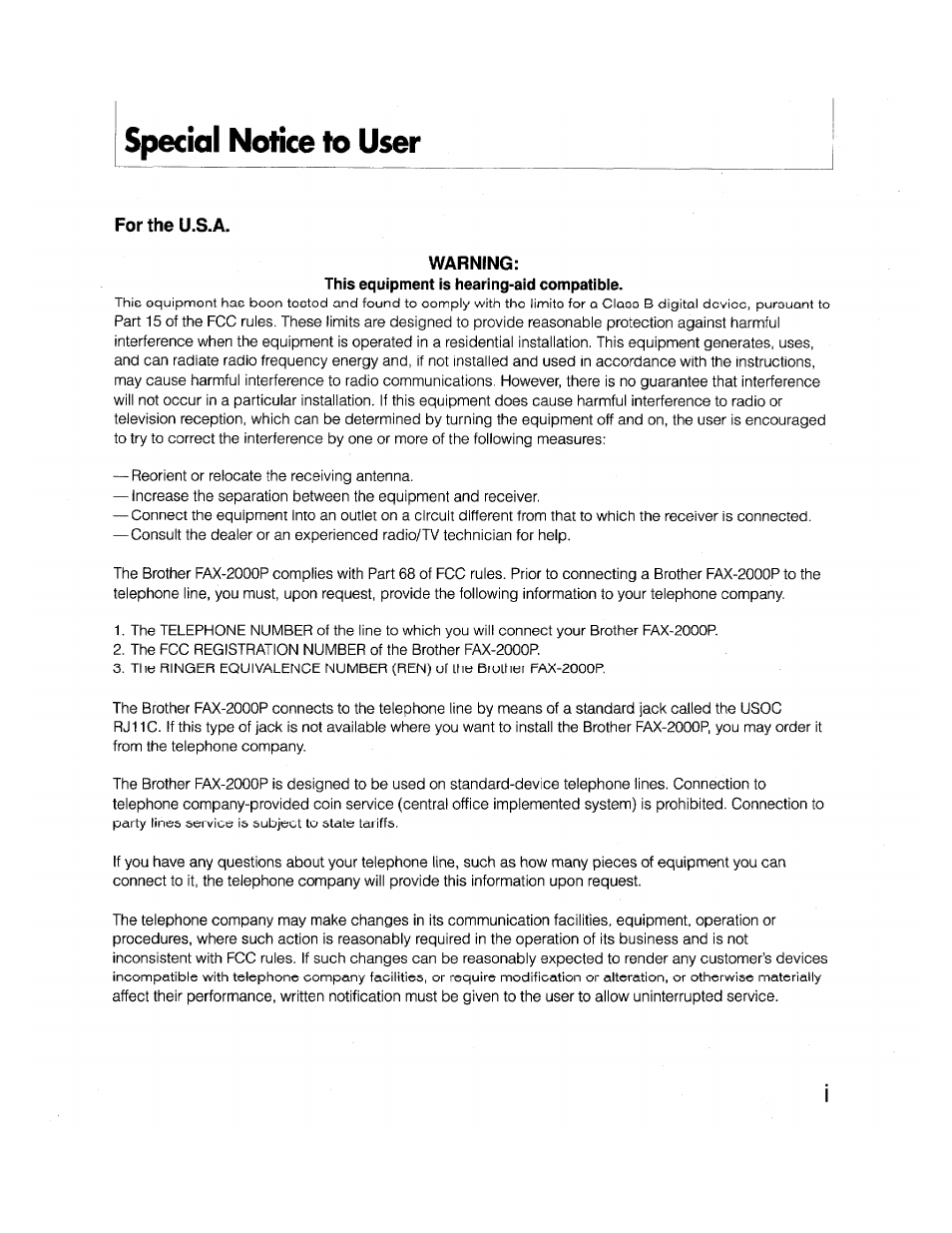 Special notice to user, For the u.s.a, Warning | Brother FAX-2000P User Manual | Page 3 / 162