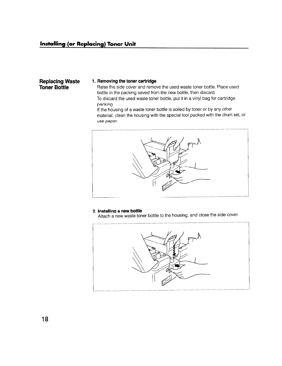 Removing the toner cartridge, Installing a new bottle | Brother FAX-2000P User Manual | Page 30 / 162