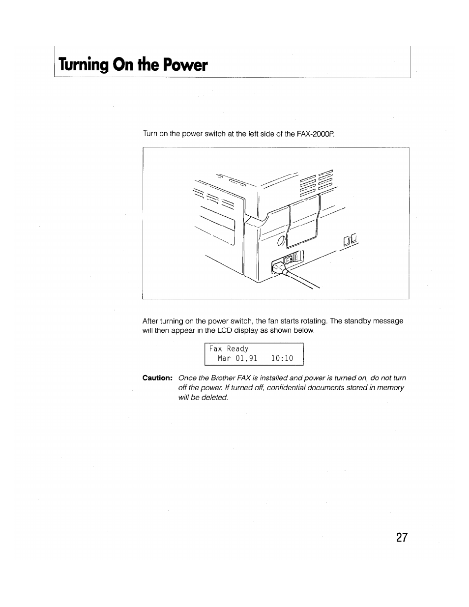 Turning on the power, Tuning on the power | Brother FAX-2000P User Manual | Page 39 / 162