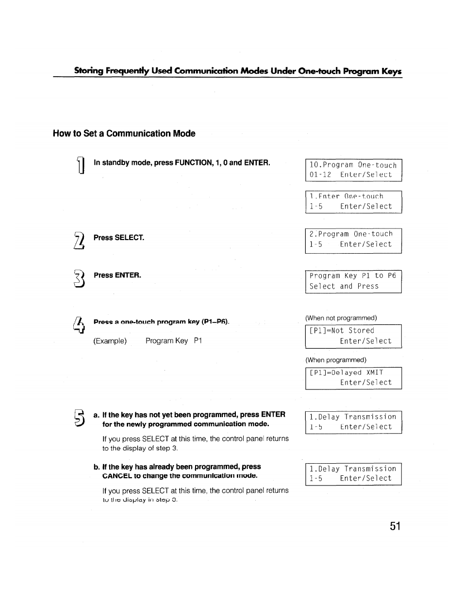 How to set a communication mode, In standby mode, press function, 1, 0 and enter, Press select | Press enter | Brother FAX-2000P User Manual | Page 63 / 162