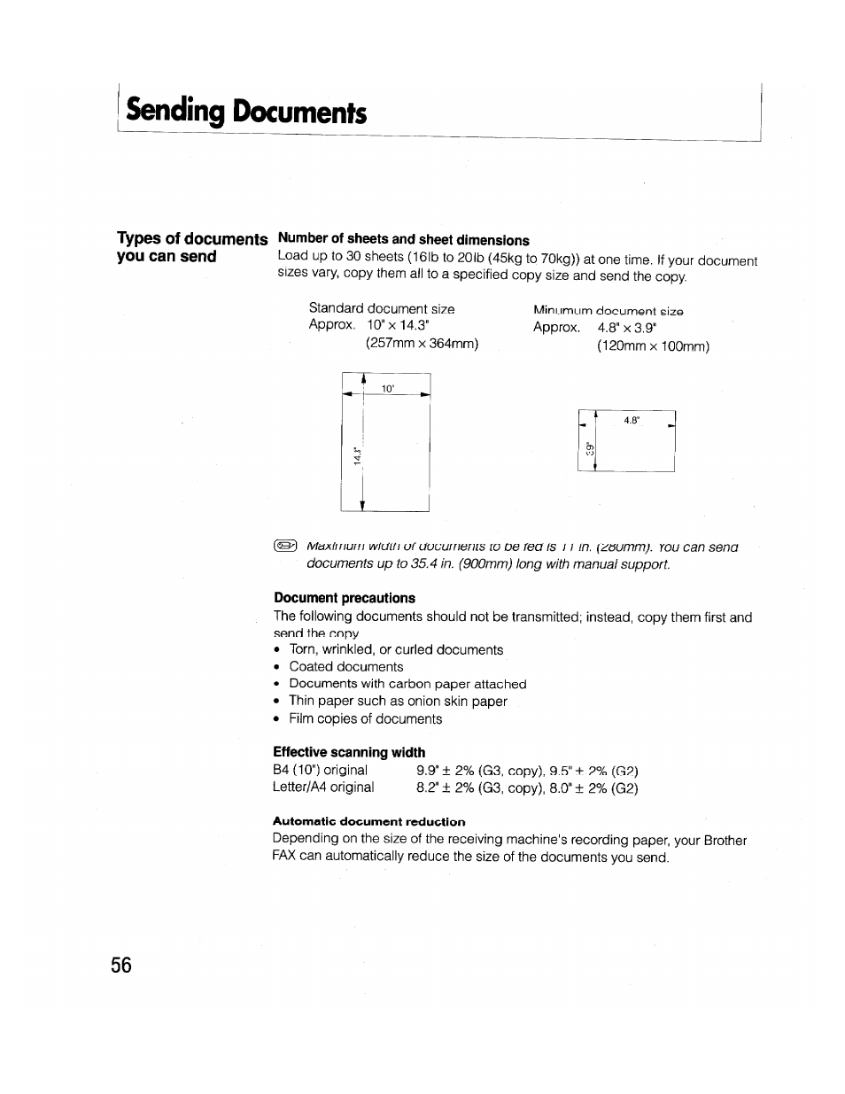 Sending documents, Document precautions, Effective scanning width | Brother FAX-2000P User Manual | Page 68 / 162