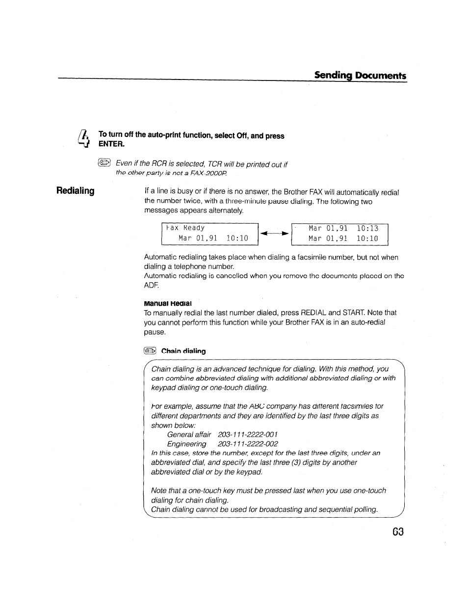 Manual redial | Brother FAX-2000P User Manual | Page 75 / 162