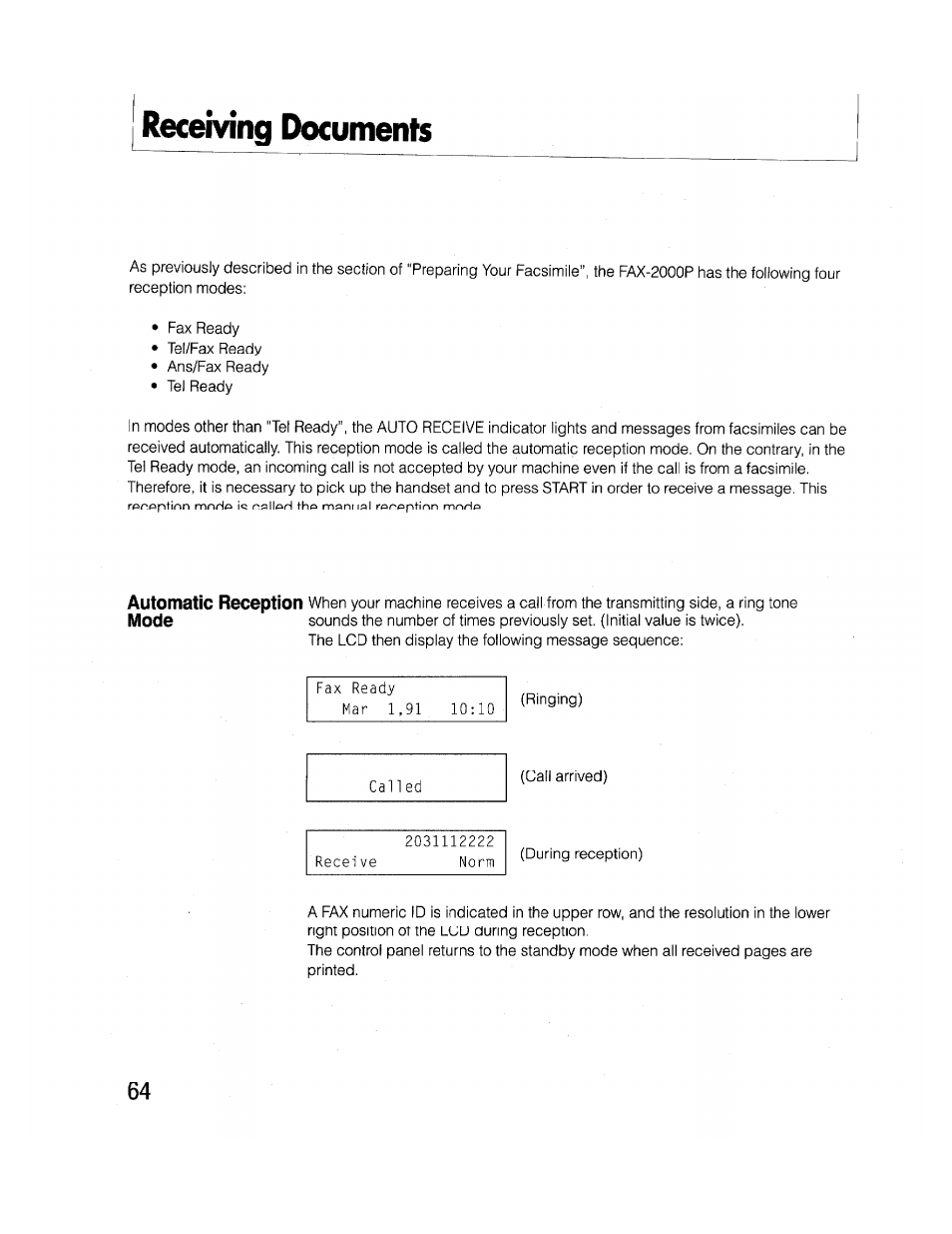 Receiving documents | Brother FAX-2000P User Manual | Page 76 / 162