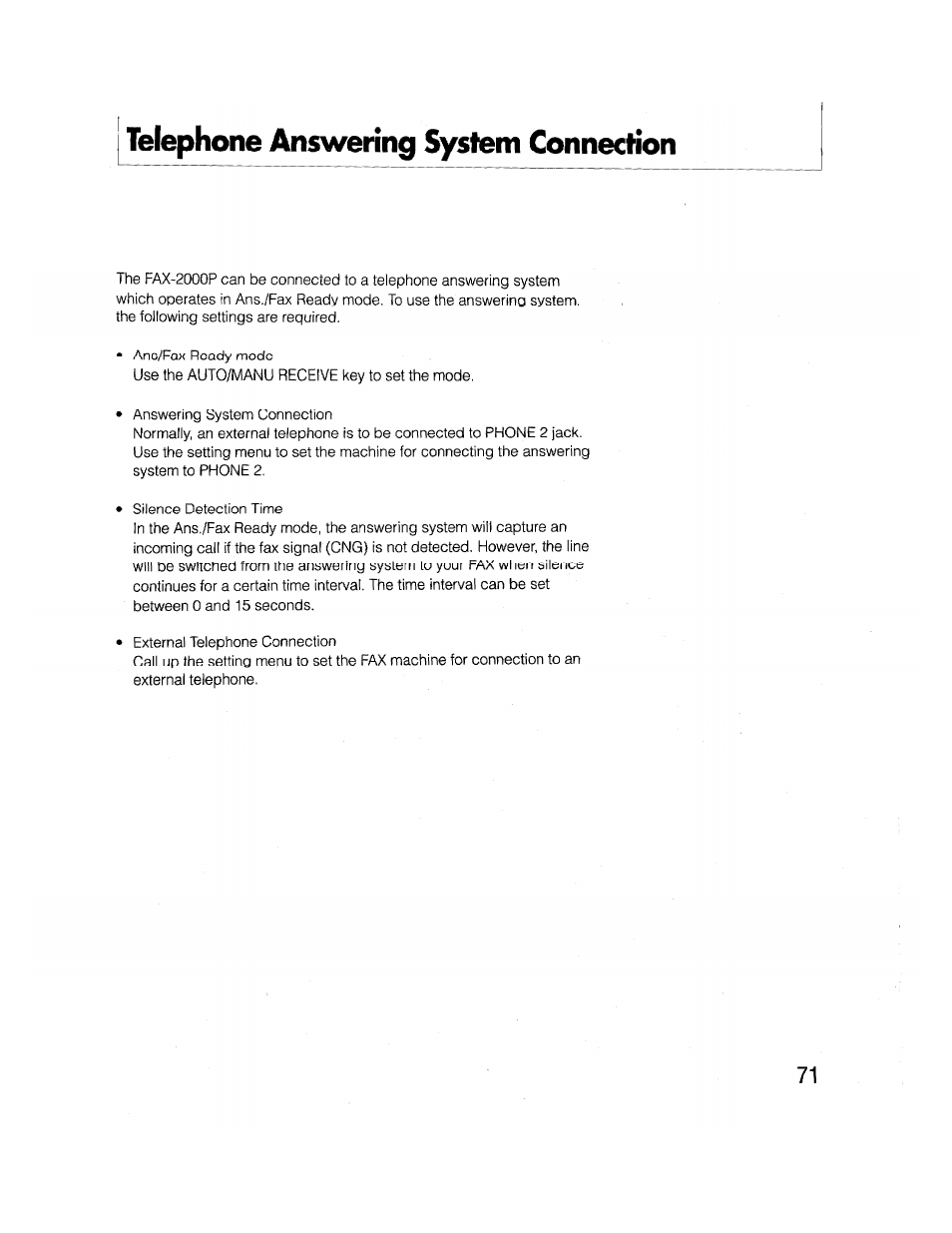 Telephone answering system connection | Brother FAX-2000P User Manual | Page 83 / 162