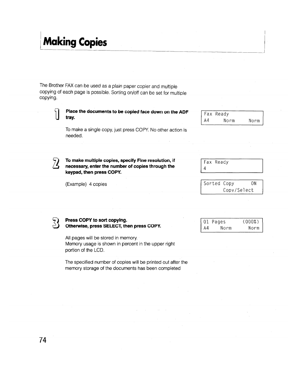 Making copies, Press copy to sort copying, Otherwise, press select, then press copy | Brother FAX-2000P User Manual | Page 86 / 162