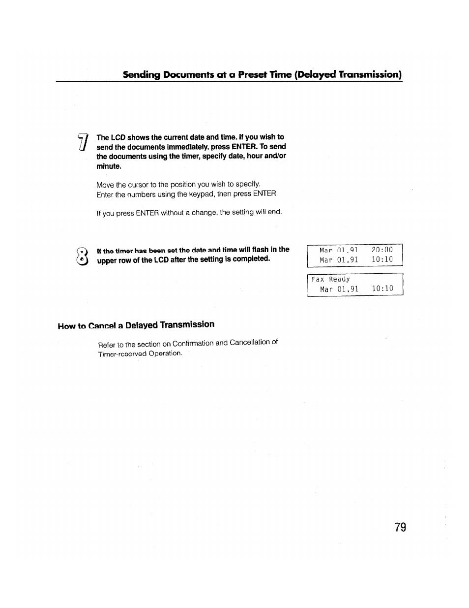 How to cancel a delayed transmission, How to cancel delayed transmission | Brother FAX-2000P User Manual | Page 91 / 162