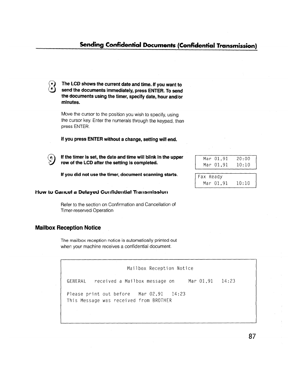 How to cancel a delayed confidential transmission, Mailbox reception notice | Brother FAX-2000P User Manual | Page 99 / 162