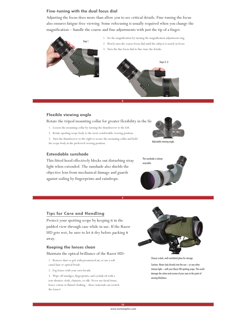 Maintain the optical brilliance of the razor hd | Vortex Optics RAZOR HD 20-60X85 SPOTTING SCOPE User Manual | Page 3 / 4