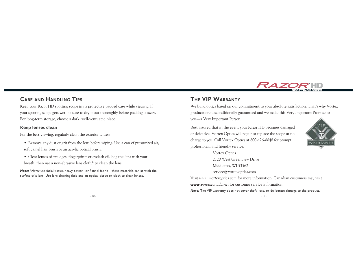 Vip w | Vortex Optics RAZOR HD 16-48X65 SPOTTING SCOPE User Manual | Page 6 / 7