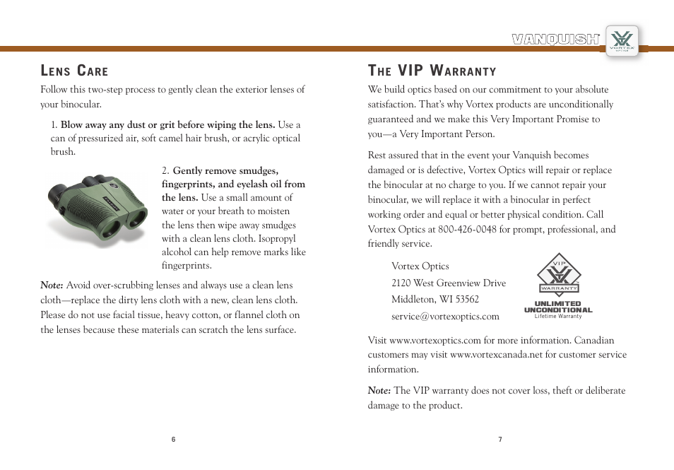 Vip w | Vortex Optics VANQUISH 10X26 REVERSE PORRO PRISM BINOCULAR User Manual | Page 4 / 5