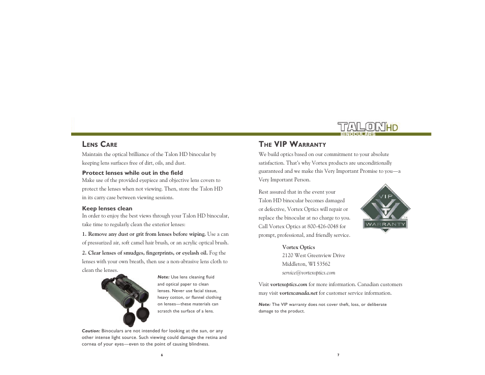 Vip w | Vortex Optics TALON HD 10X42 ROOF PRISM BINOCULAR User Manual | Page 4 / 5