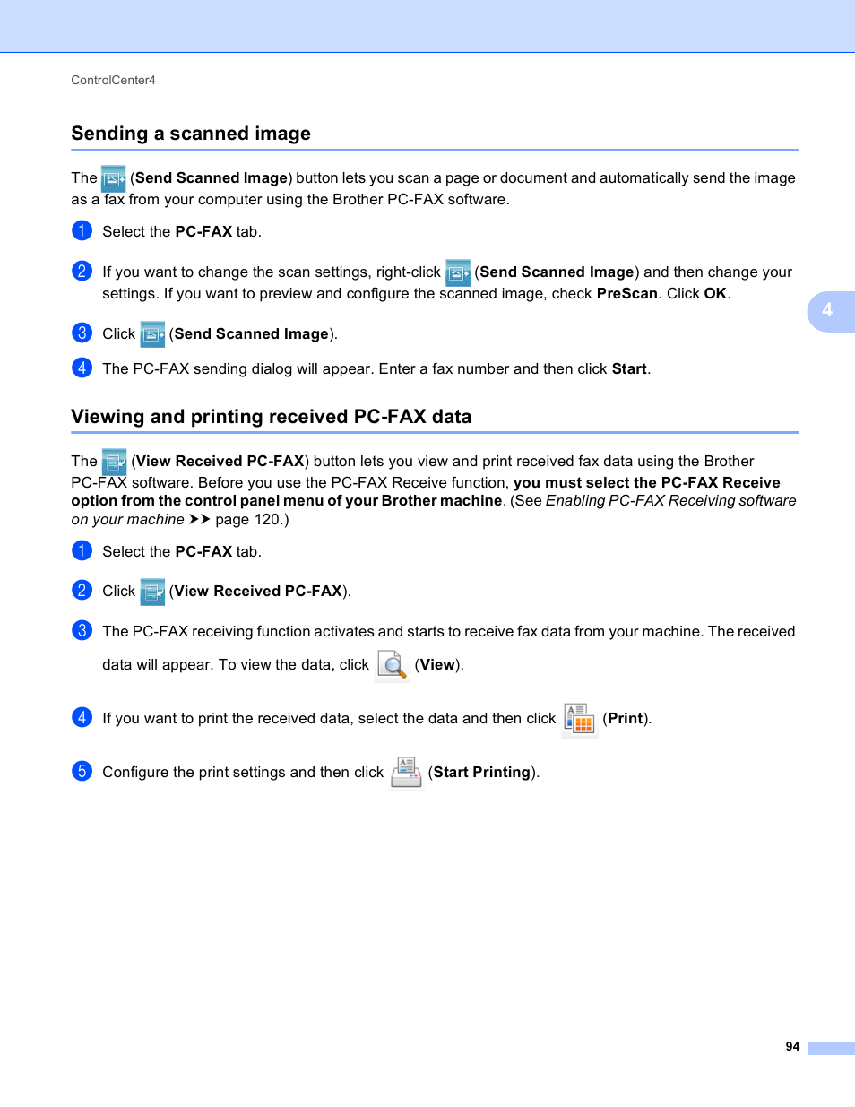 Sending a scanned image, Viewing and printing received pc-fax data | Brother DCP-8155DN User Manual | Page 102 / 271