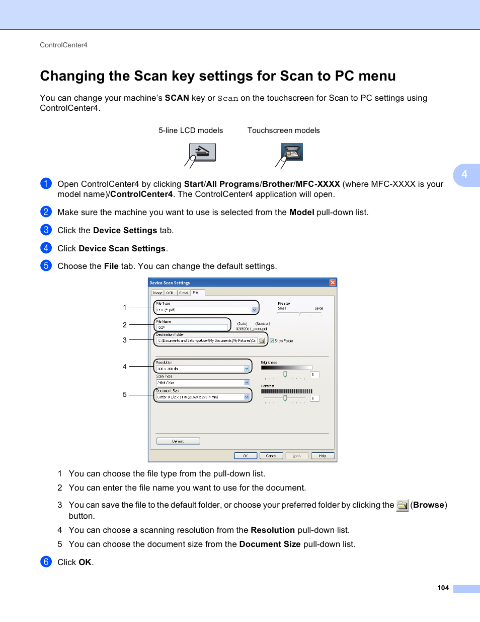 Changing the scan key settings for scan to pc menu | Brother DCP-8155DN User Manual | Page 112 / 271