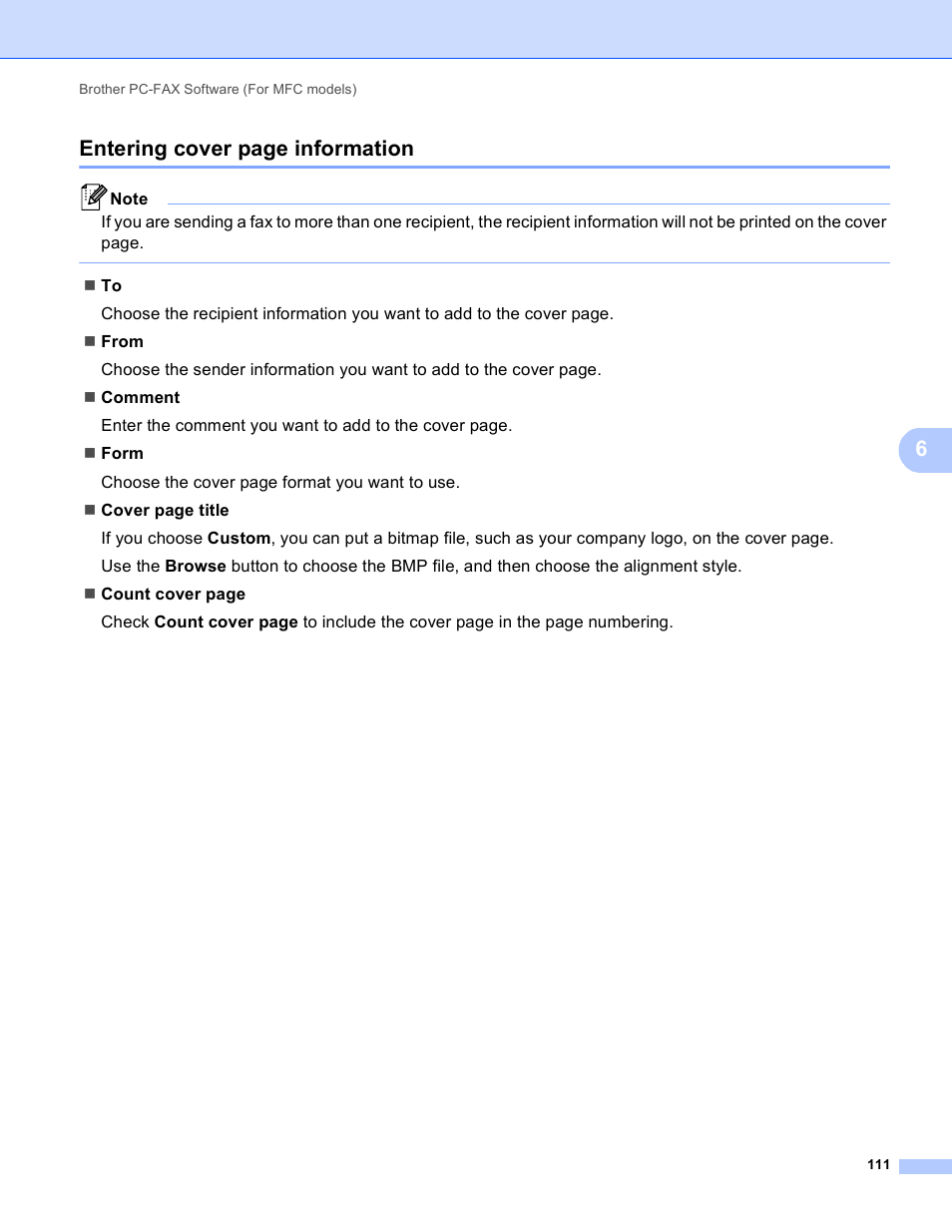 6entering cover page information | Brother DCP-8155DN User Manual | Page 119 / 271