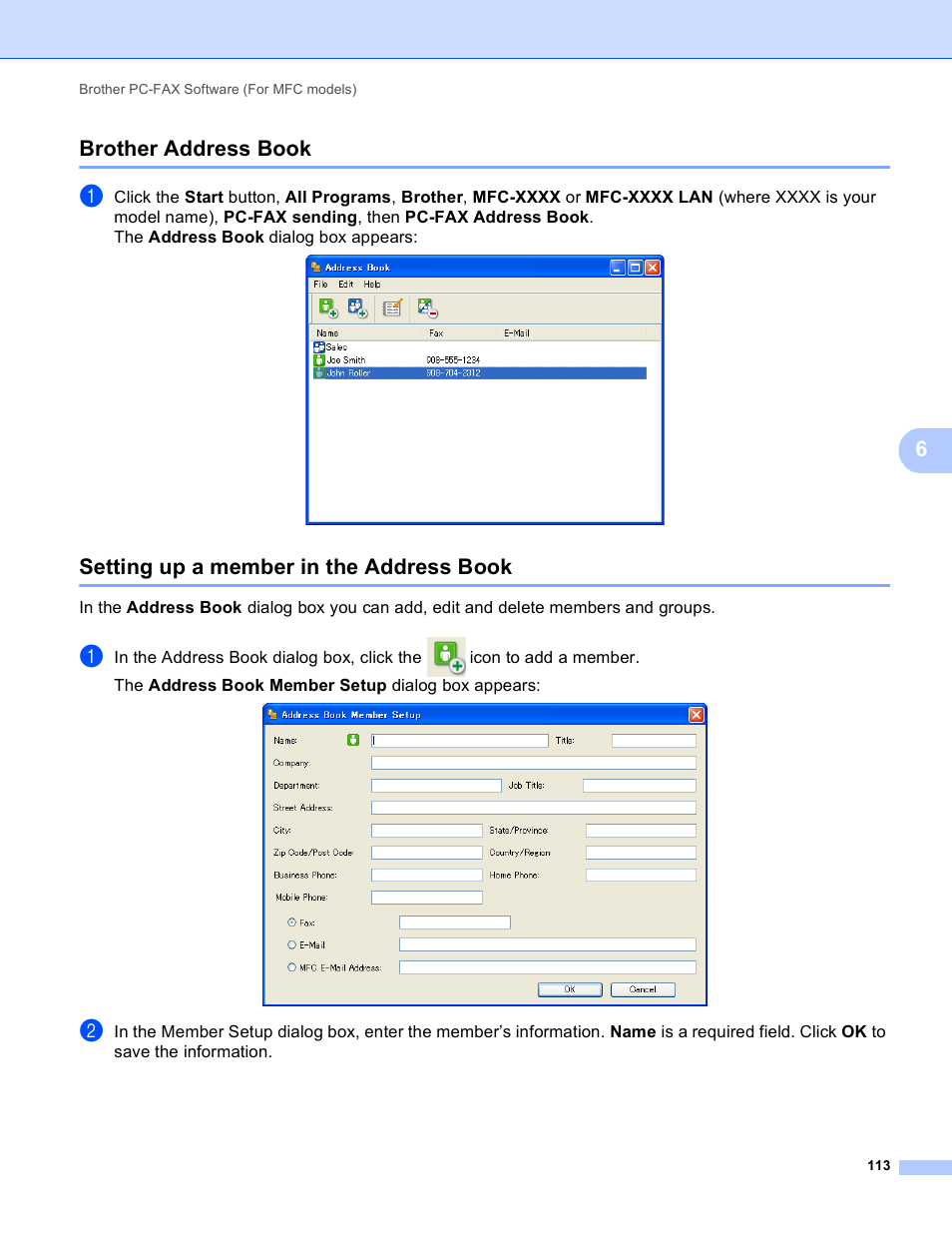 Brother address book, Setting up a member in the address book, 6brother address book | Brother DCP-8155DN User Manual | Page 121 / 271