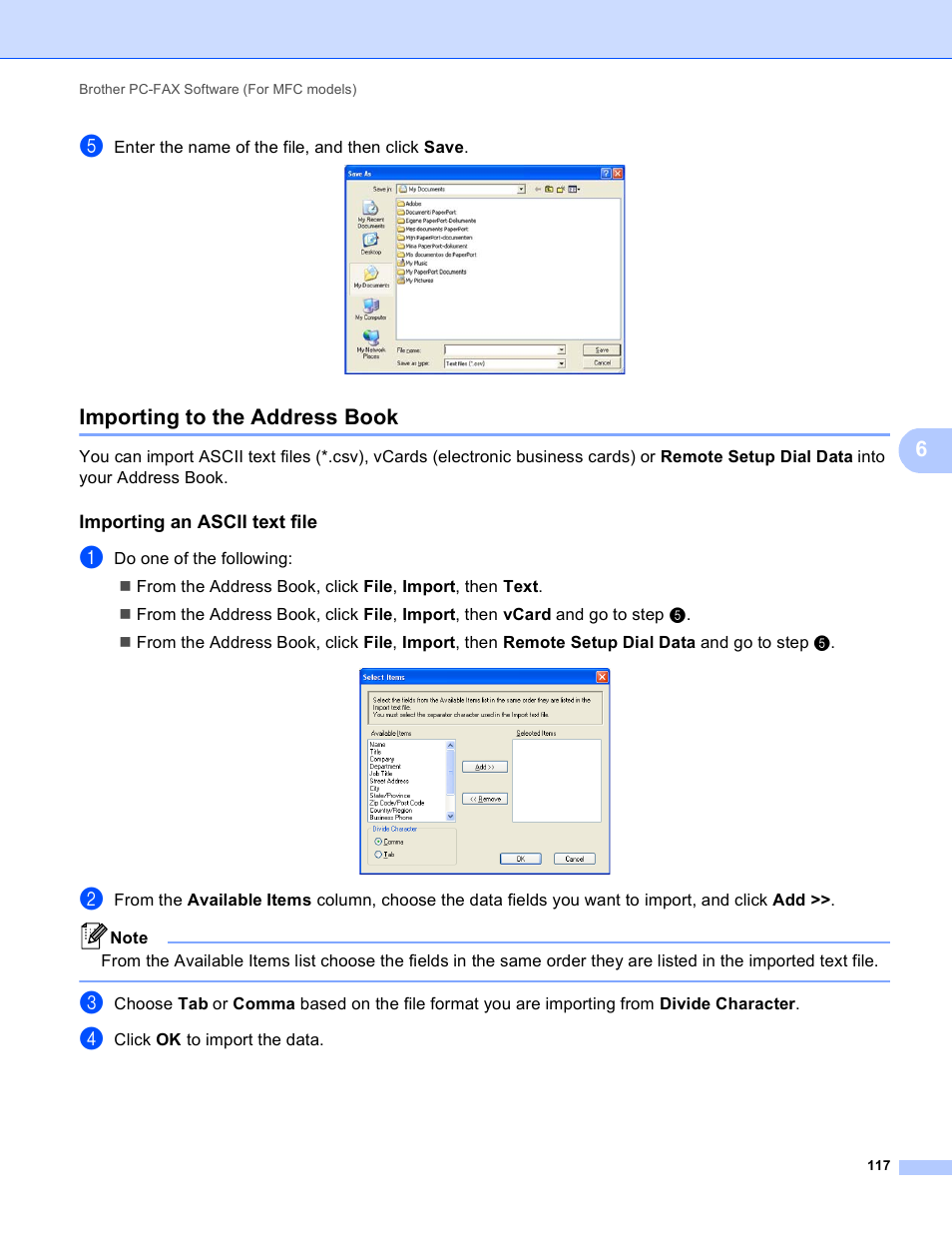 Importing to the address book, Importing an ascii text file | Brother DCP-8155DN User Manual | Page 125 / 271
