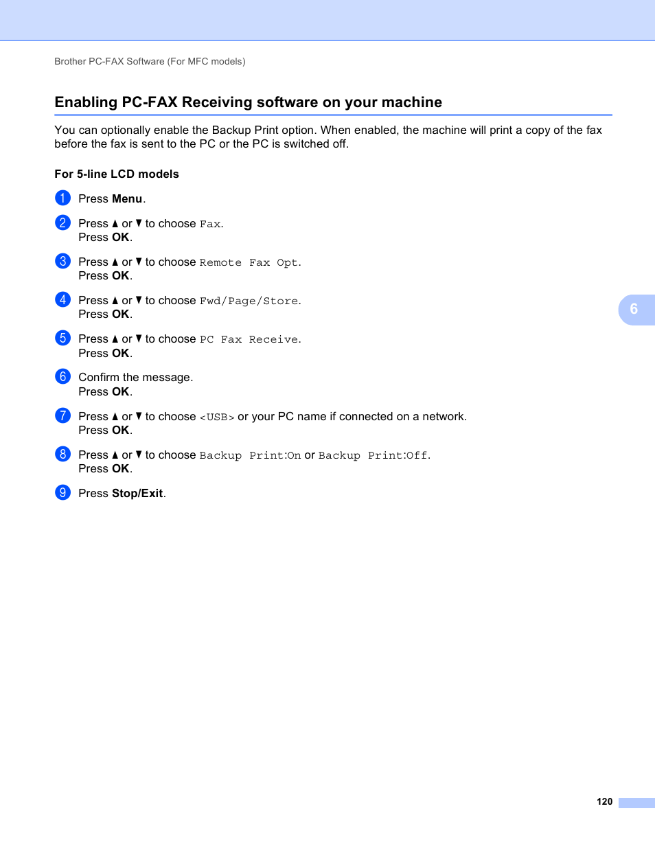 Enabling pc-fax receiving software on your machine | Brother DCP-8155DN User Manual | Page 128 / 271