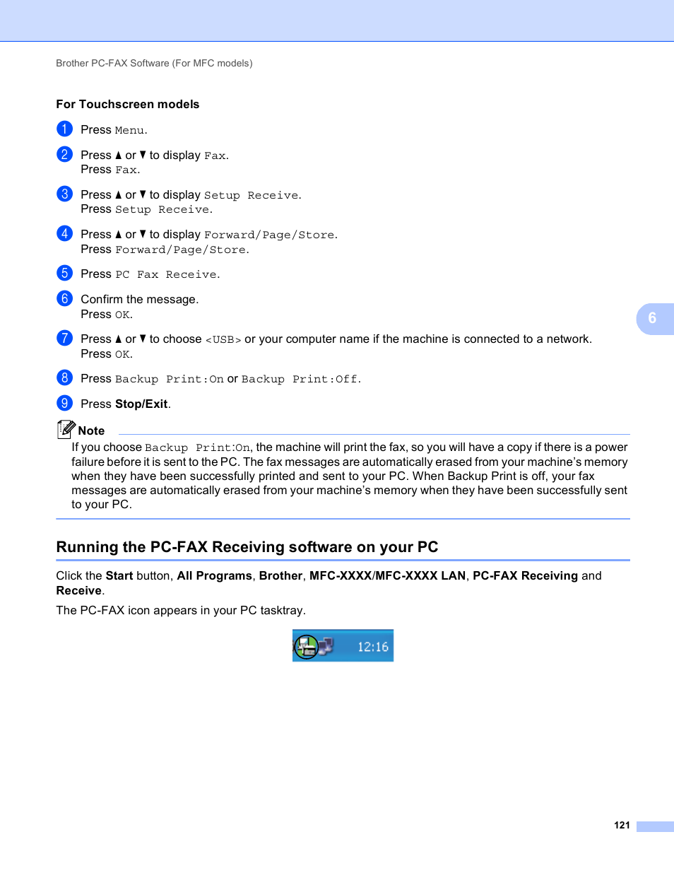 Running the pc-fax receiving software on your pc | Brother DCP-8155DN User Manual | Page 129 / 271