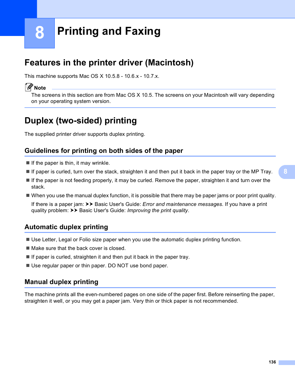 8 printing and faxing, Features in the printer driver (macintosh), Duplex (two-sided) printing | Guidelines for printing on both sides of the paper, Automatic duplex printing, Manual duplex printing, Printing and faxing | Brother DCP-8155DN User Manual | Page 144 / 271