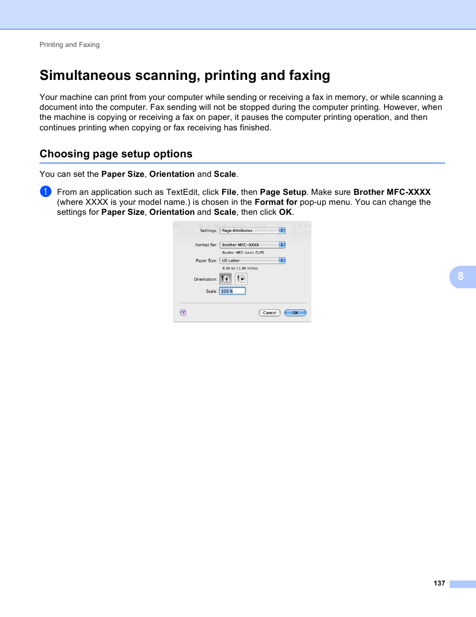 Simultaneous scanning, printing and faxing, Choosing page setup options | Brother DCP-8155DN User Manual | Page 145 / 271