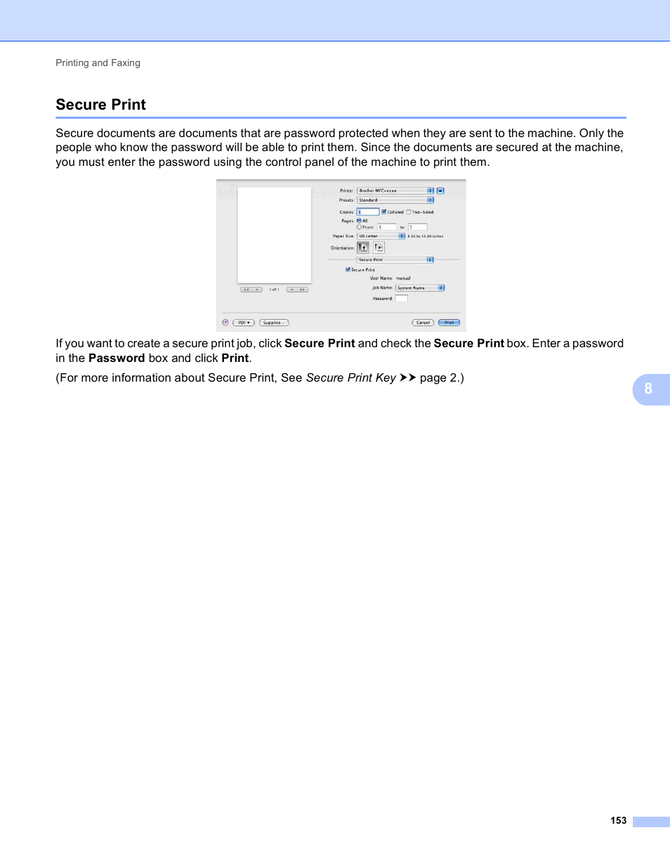 Secure print, 8secure print | Brother DCP-8155DN User Manual | Page 161 / 271