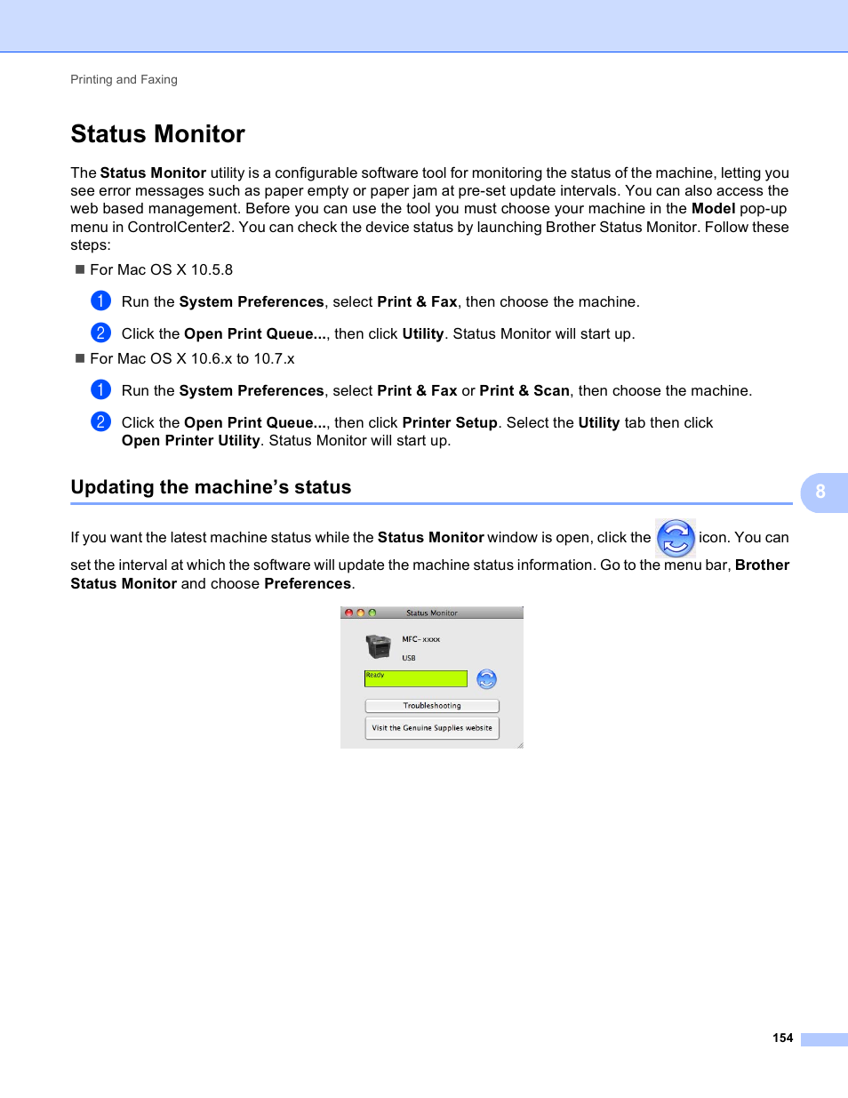 Status monitor, Updating the machine’s status | Brother DCP-8155DN User Manual | Page 162 / 271