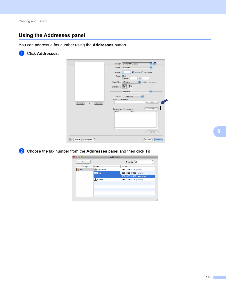 Using the addresses panel, 8using the addresses panel | Brother DCP-8155DN User Manual | Page 168 / 271