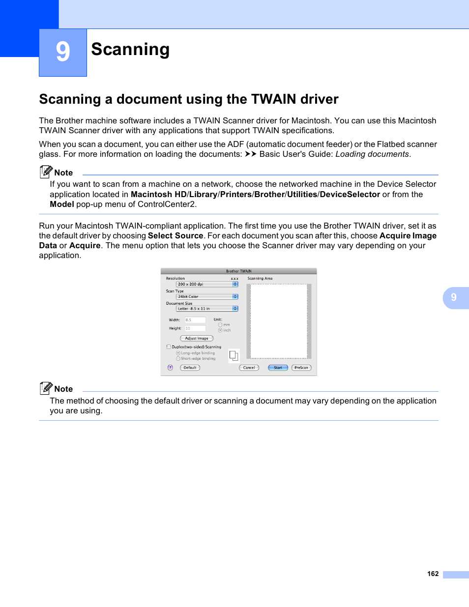 9 scanning, Scanning a document using the twain driver, Scanning | Brother DCP-8155DN User Manual | Page 170 / 271
