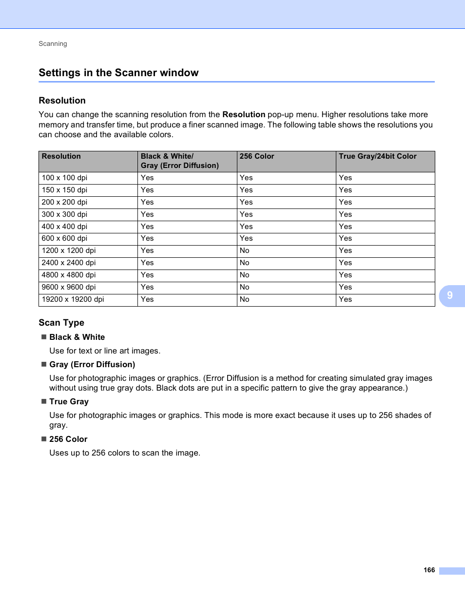Settings in the scanner window, Resolution, Scan type | 9settings in the scanner window | Brother DCP-8155DN User Manual | Page 174 / 271