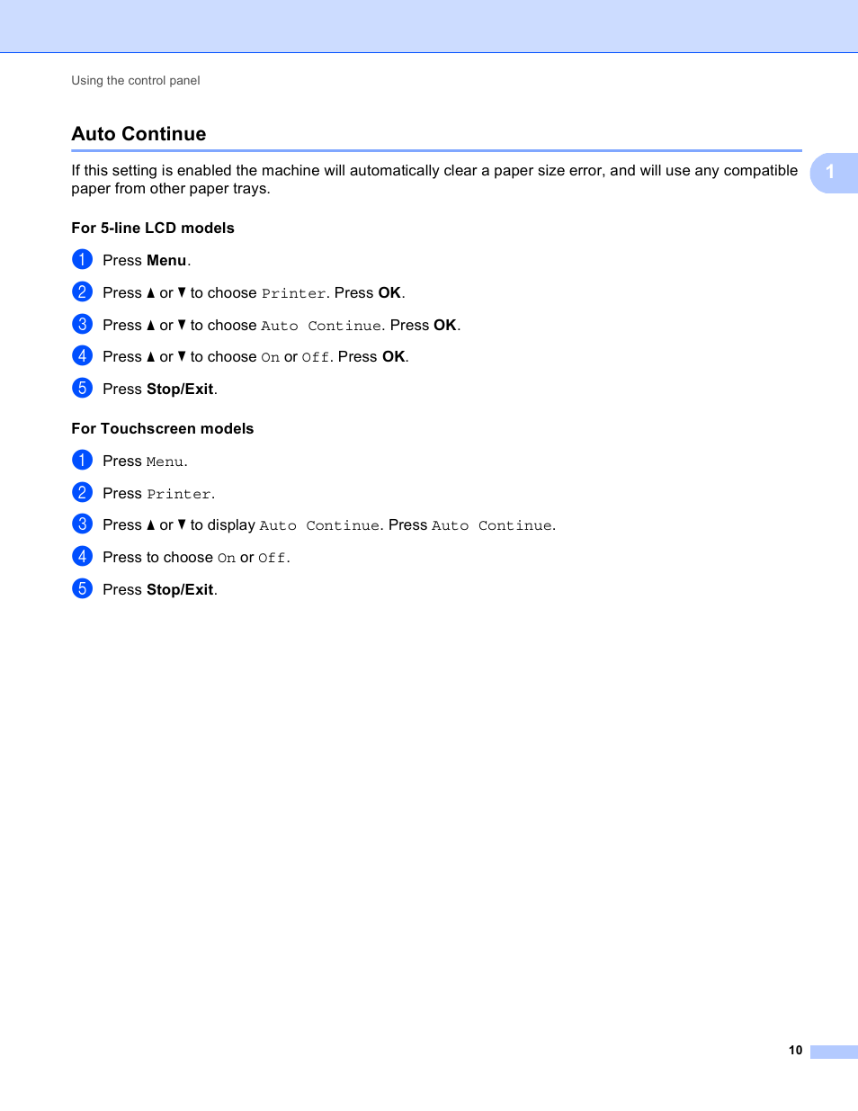 Auto continue, 1auto continue | Brother DCP-8155DN User Manual | Page 18 / 271