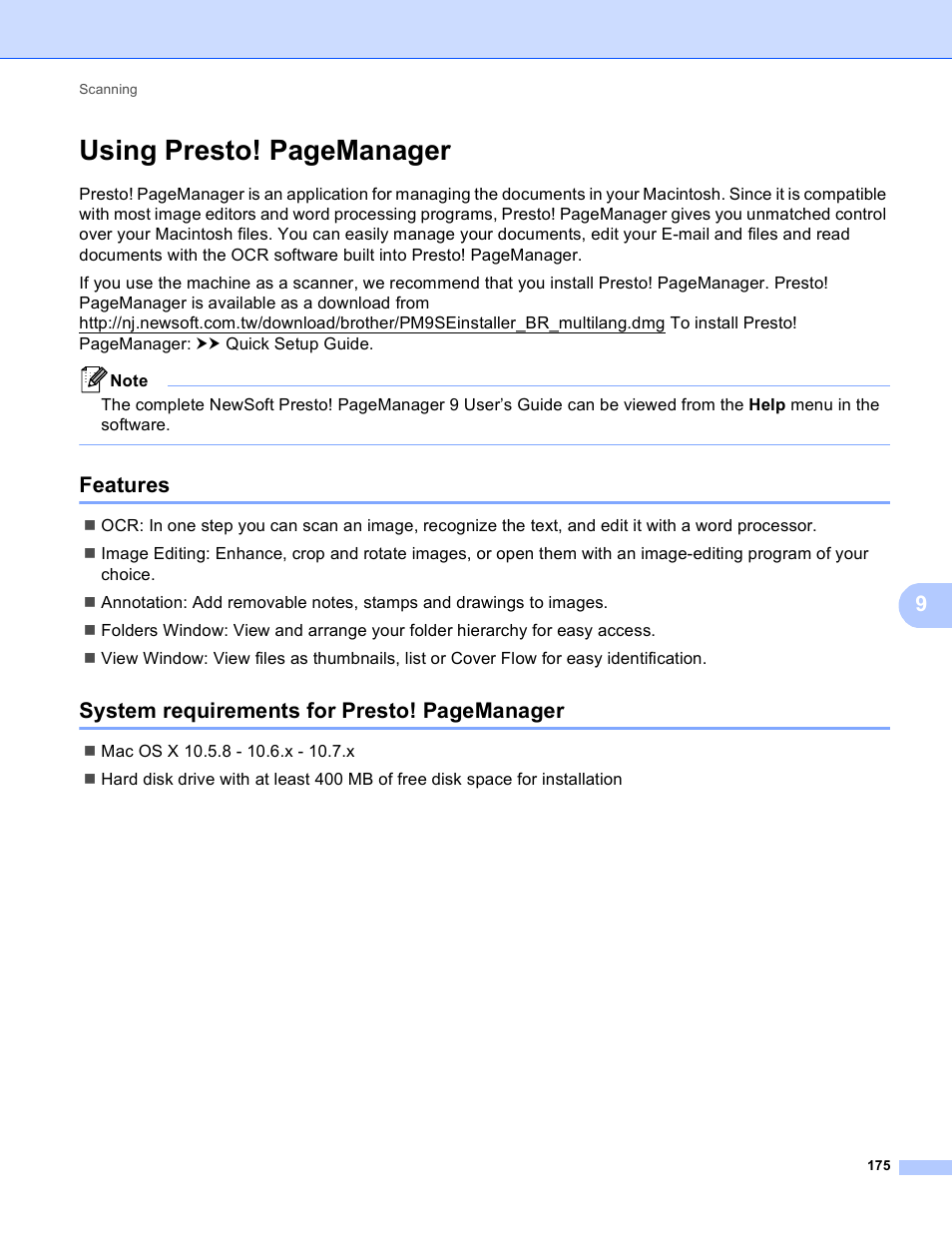Features, Using presto! pagemanager, System requirements for presto! pagemanager | Brother DCP-8155DN User Manual | Page 183 / 271