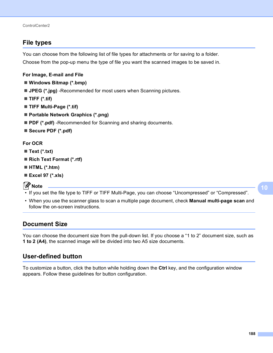 File types, Document size, User-defined button | File types document size user-defined button, 10 file types | Brother DCP-8155DN User Manual | Page 196 / 271