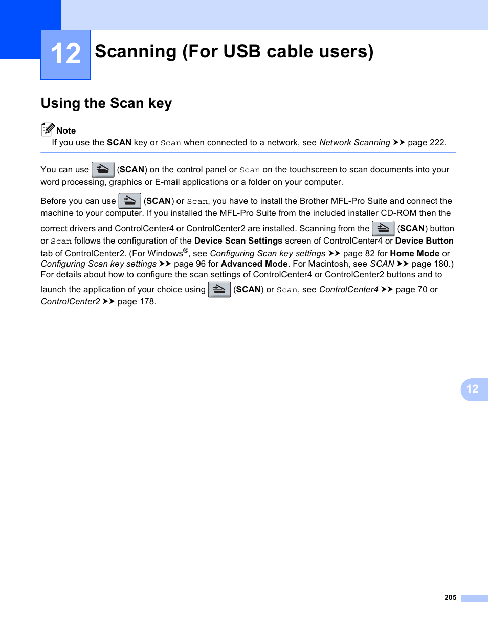 12 scanning (for usb cable users), Using the scan key, Scanning (for usb cable users) | Brother DCP-8155DN User Manual | Page 213 / 271