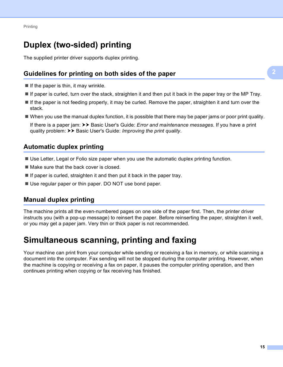 Duplex (two-sided) printing, Guidelines for printing on both sides of the paper, Automatic duplex printing | Manual duplex printing, Simultaneous scanning, printing and faxing | Brother DCP-8155DN User Manual | Page 23 / 271