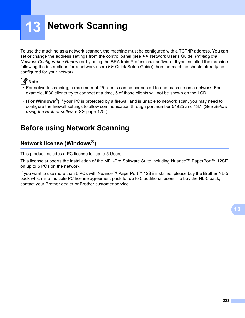 13 network scanning, Before using network scanning, Network license (windows®) | Network scanning, Network license (windows | Brother DCP-8155DN User Manual | Page 230 / 271
