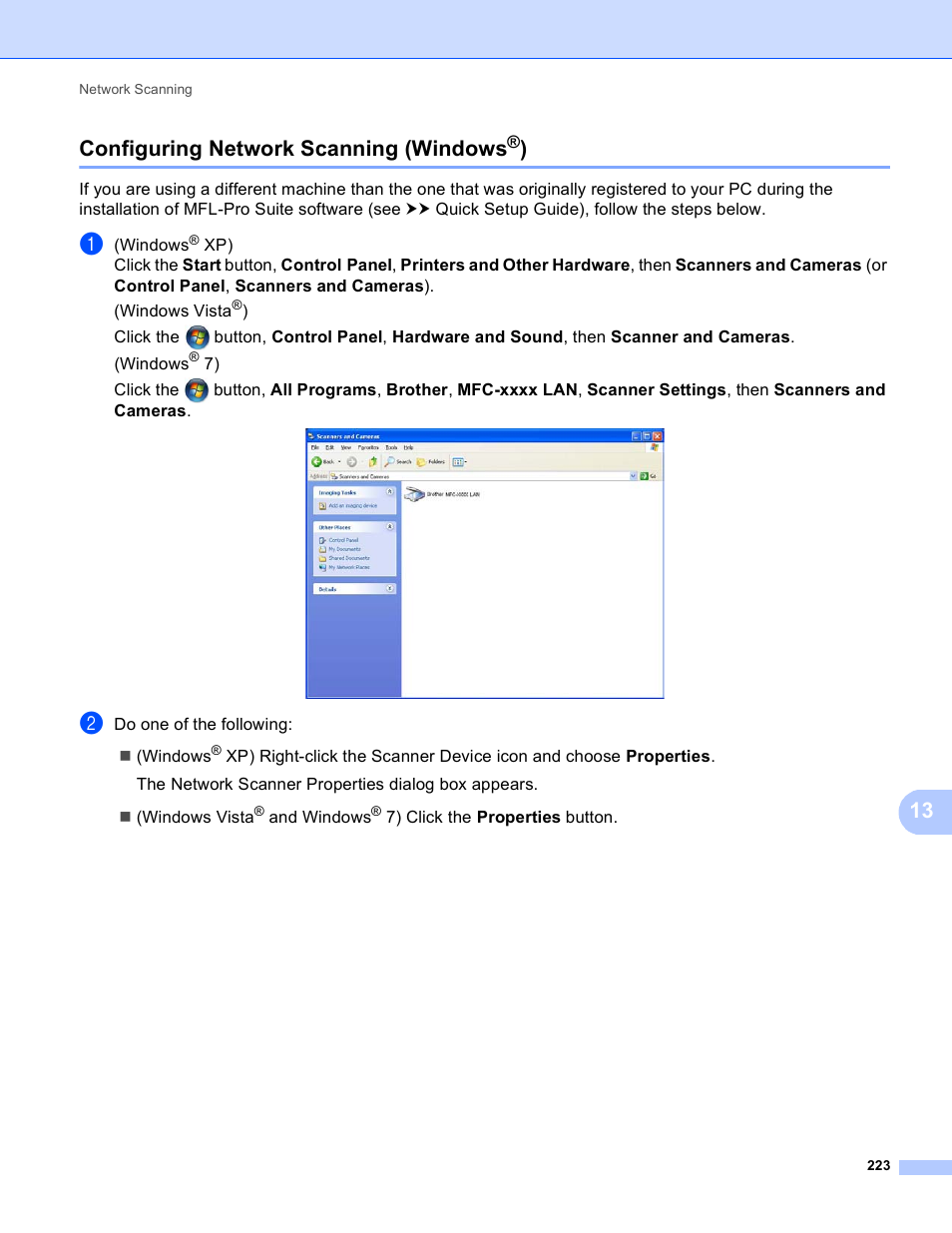 Configuring network scanning (windows®), Configuring network scanning (windows, 13 configuring network scanning (windows | Brother DCP-8155DN User Manual | Page 231 / 271