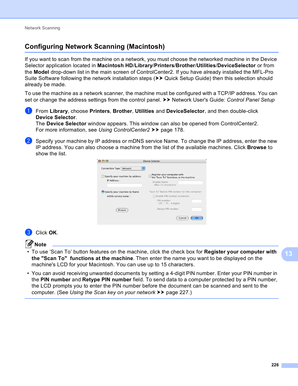 Configuring network scanning (macintosh), 13 configuring network scanning (macintosh) | Brother DCP-8155DN User Manual | Page 234 / 271