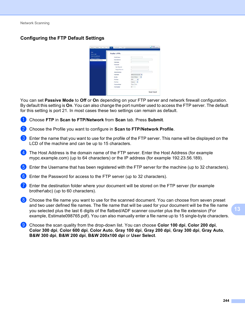 Configuring the ftp default settings | Brother DCP-8155DN User Manual | Page 252 / 271