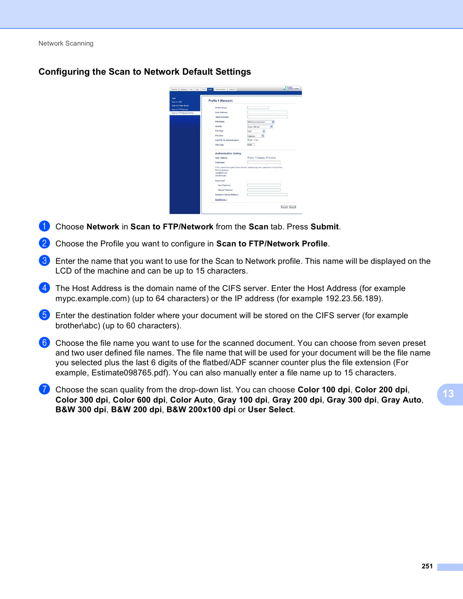 Configuring the scan to network default settings | Brother DCP-8155DN User Manual | Page 259 / 271